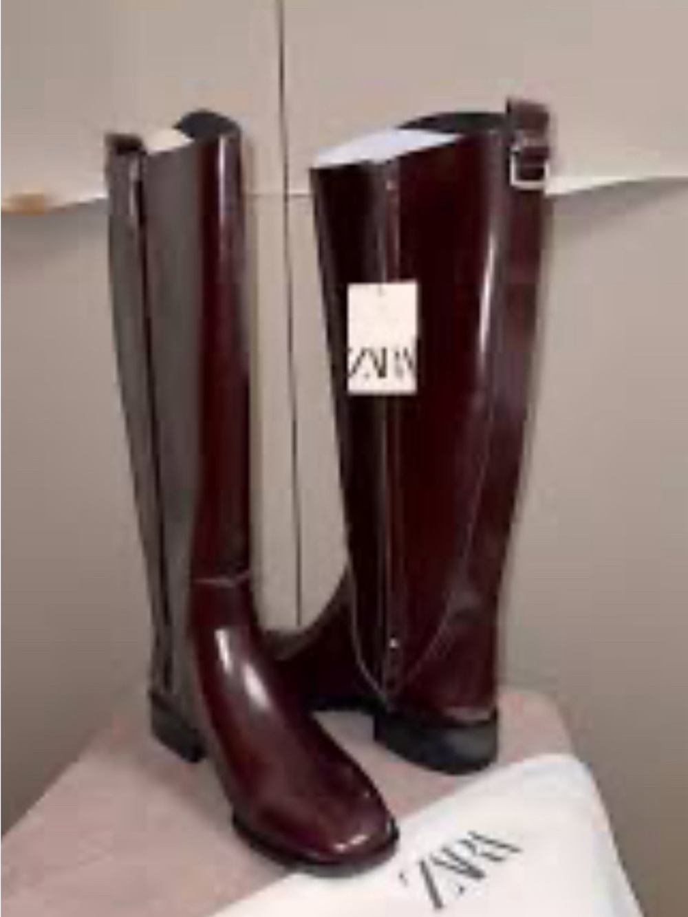 ZARA Tall Riding Boots in Burgundy with Black Sole